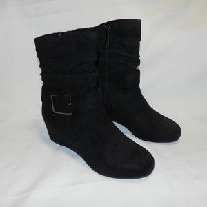 New Avon Black Buckle Wedge Boots, Size 8